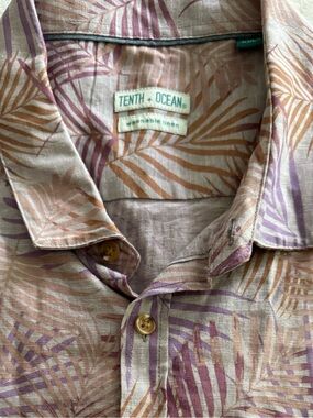 NEW Tenth and Ocean Men's Washable Linen Palm-Print Shirt in Mauve & Tan